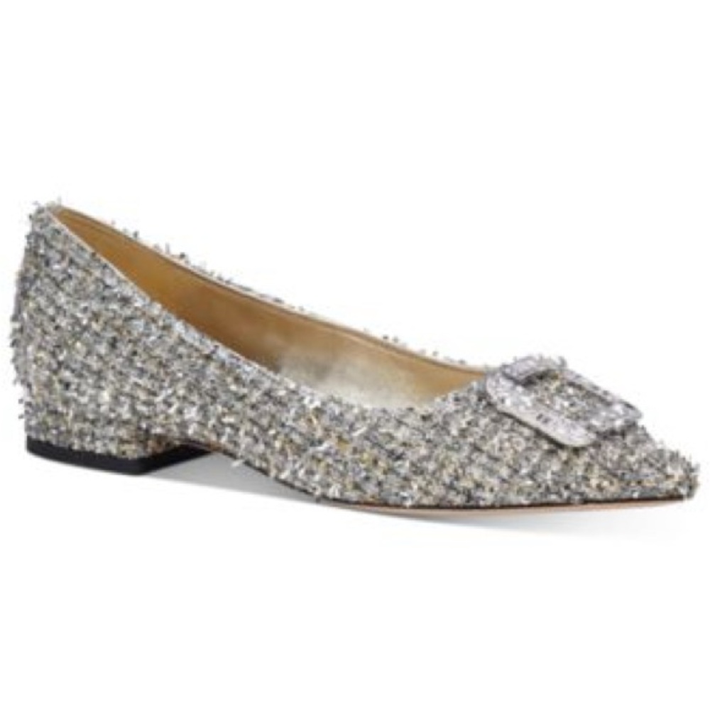 Kate Spade “Buckle Up” Metallic Tweed Flats